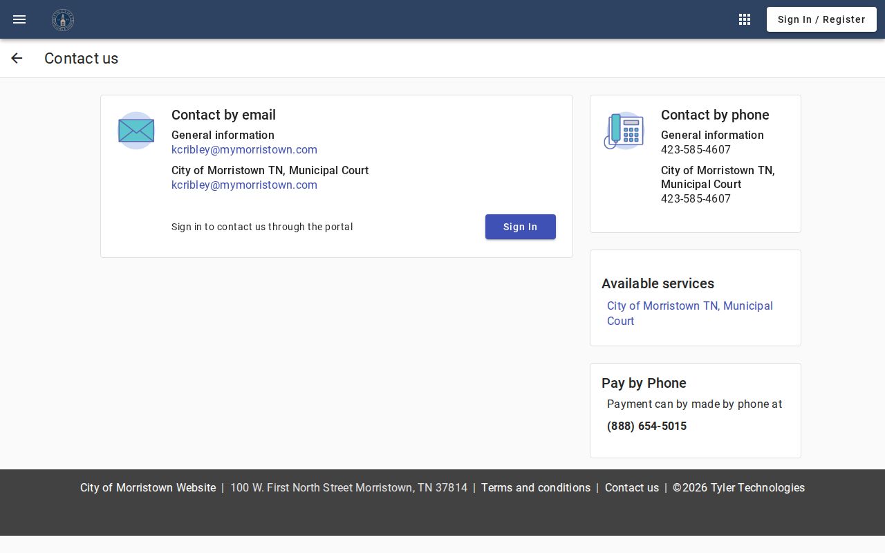 Hamblen County municipal warrant resource showing Morristown Municipal Court contact information
