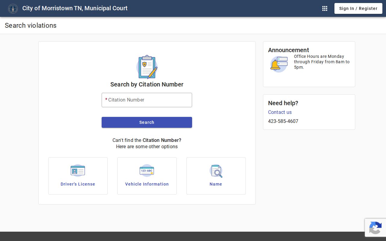 Hamblen County warrant search resource showing Morristown municipal citation search fields