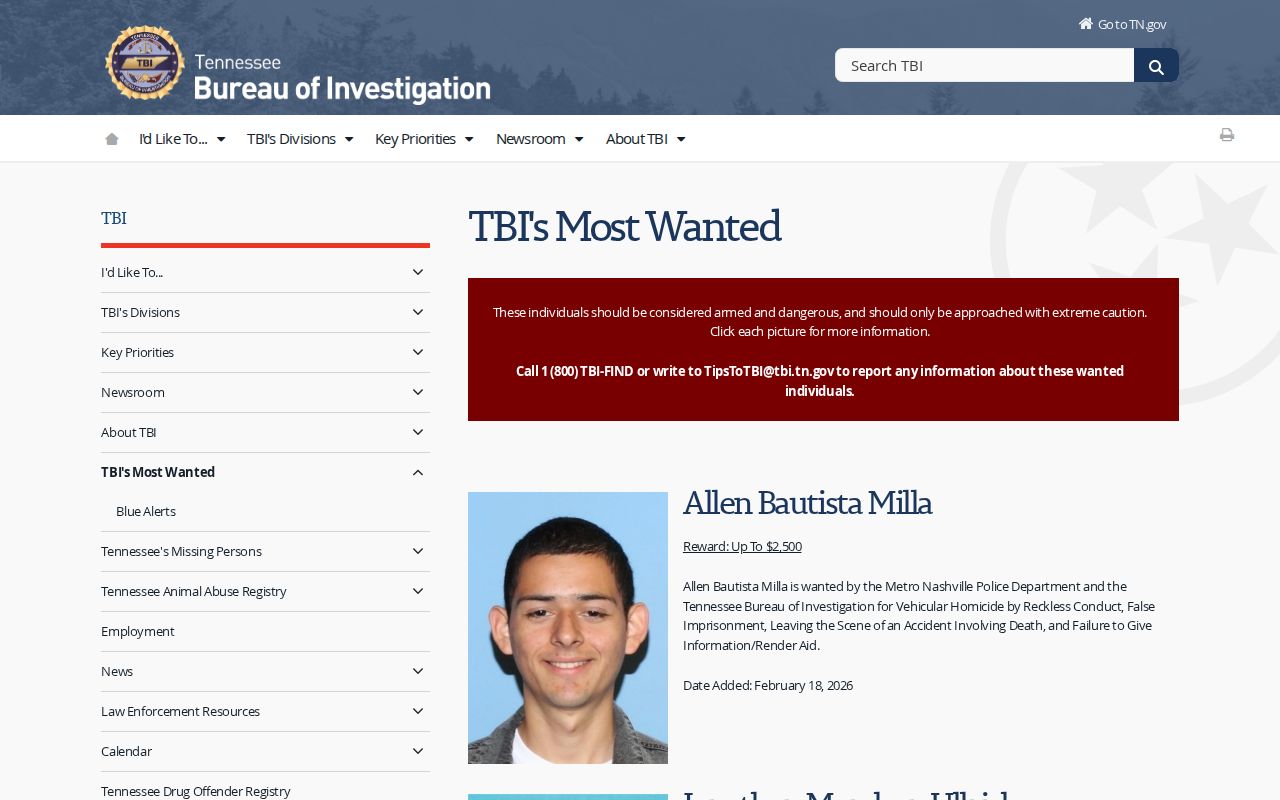Hamblen County Most Wanted warrant reference showing the statewide curated TBI program