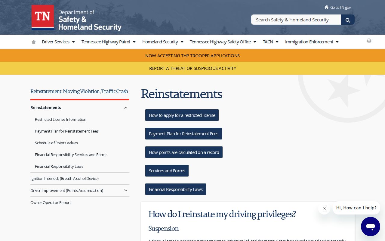Hamblen County traffic warrant resource showing Tennessee court-compliance and reinstatement guidance